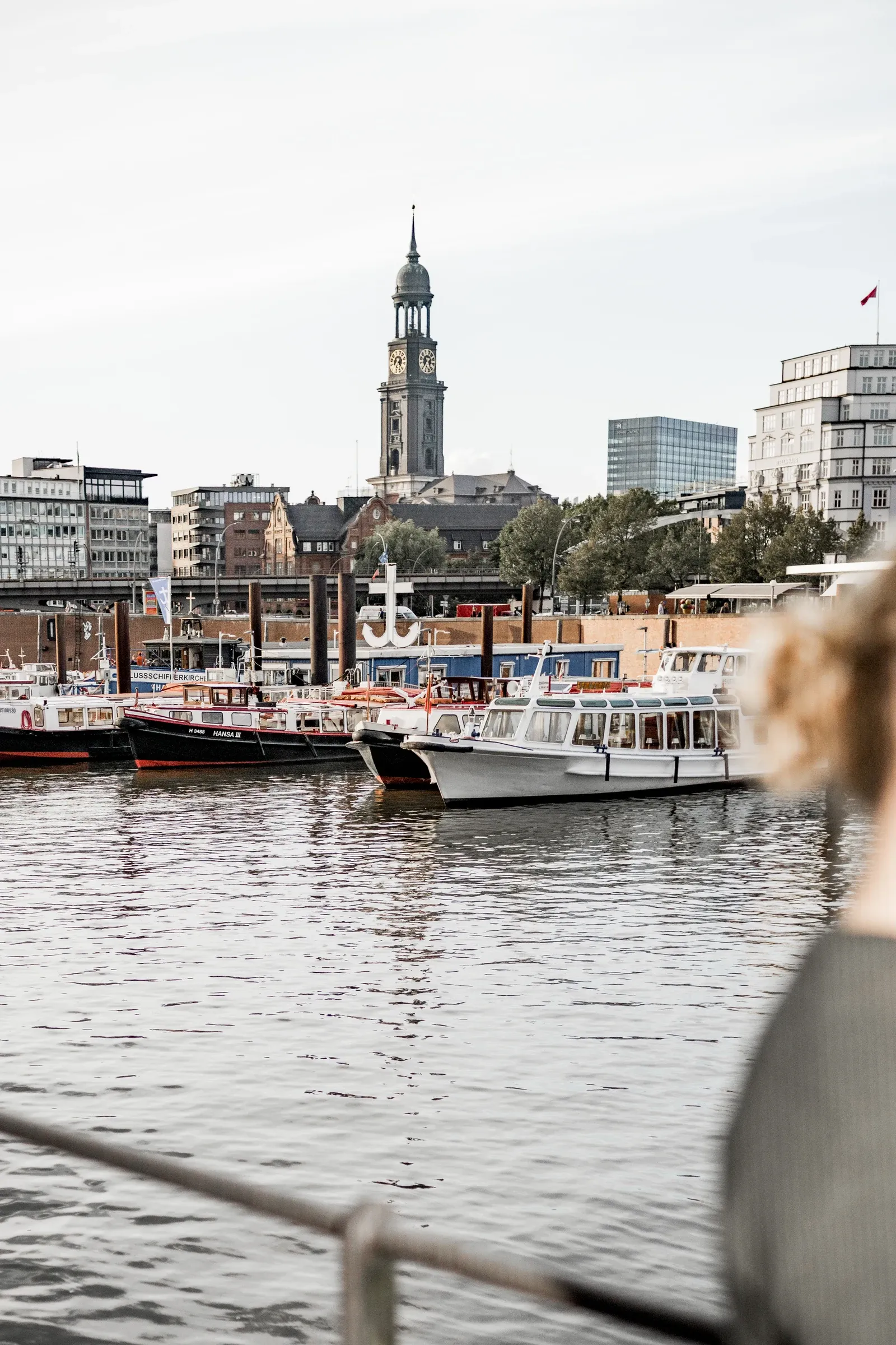 Blick von der Kehrwiederspitze auf die Flussschifferkirche und den Michel, Liza im Vordergrund